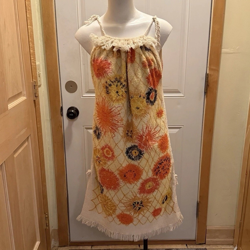 Vtg Cotton Terry Cloth Towel Dress Swim Beach Cover Up Flowers Fringe S/M Cannon